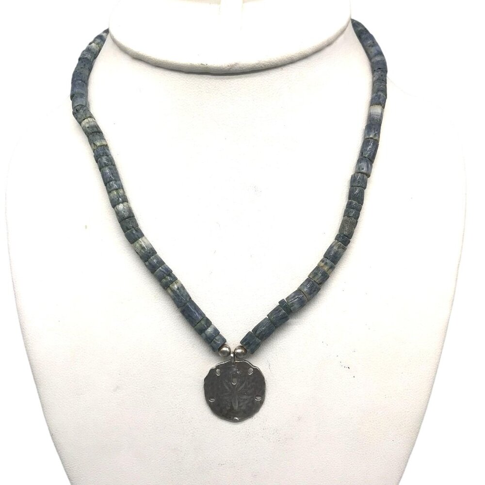 Blue Coral Heishi Choker with Sterling Silver Sand Dollar Pendant